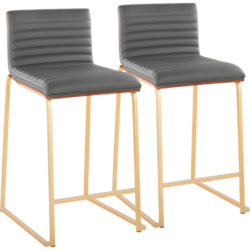 Mason Mara 26" Counter Stool in Gold, Walnut Wood & Grey Leatherette (Set of 2)